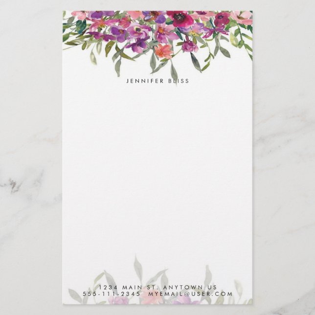 Pink watercolor floral personalized stationery (Front)