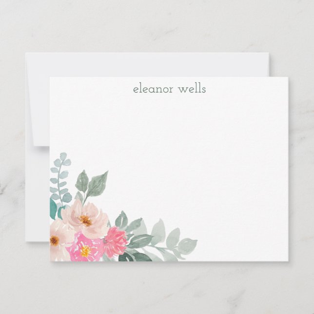 Pink Watercolor Floral Personalized Stationery Note Card (Front)