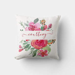 Pink watercolor floral personalized throw pillow