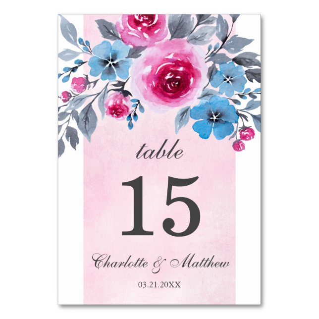 Pink Watercolor Floral Personalized Wedding Table Number (Front)