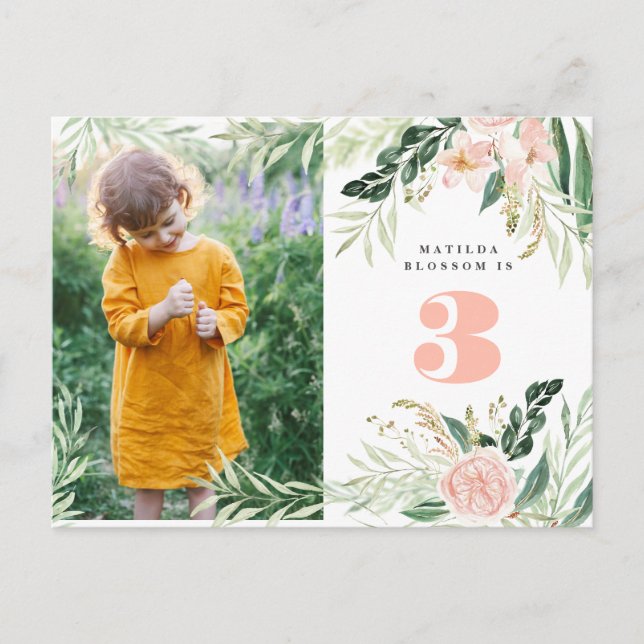 Pink watercolor floral photo birthday invitation (Front)