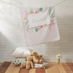 Pink Watercolor Floral Polka Dots Baby Girl Baby Blanket