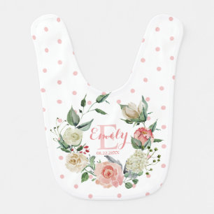 Pink Watercolor Floral Polka Dots Girl Baby Bib