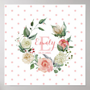 Pink Watercolor Floral Polka Dots Girl Nursery Poster