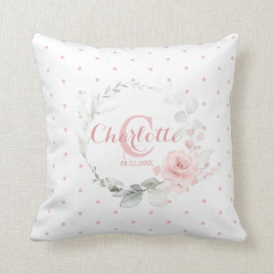 Pink Watercolor Floral Polka Dots Girl Nursery Throw Pillow