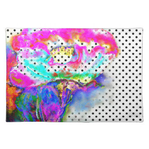 Pink watercolor floral Poppy black white polka-dot Cloth Placemat