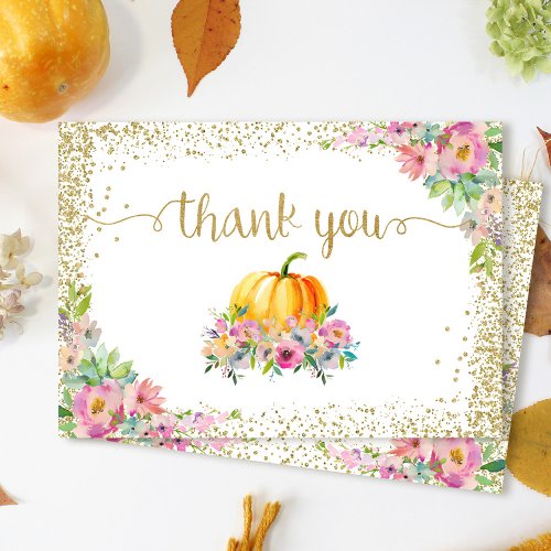 Pink Watercolor Floral Pumpkin Fall Thank You Card