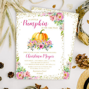 Pink Watercolor Floral Pumpkin Glitter Baby Shower Invitation
