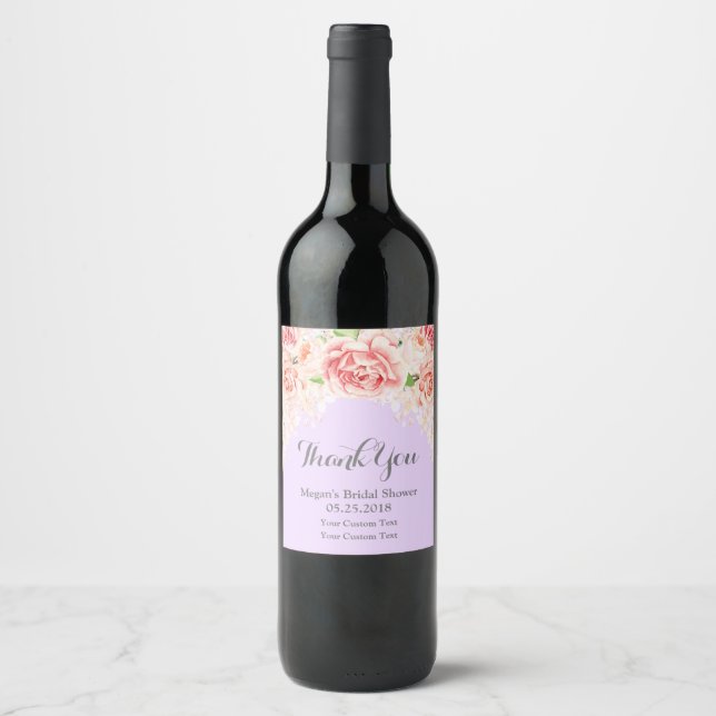 Pink Watercolor Floral Purple Bridal Shower Label (Front)