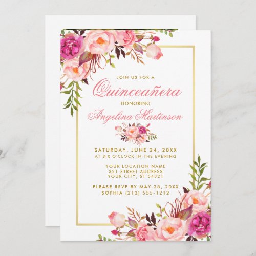 Pink Watercolor Floral Quinceanera Photo Gold Invitation