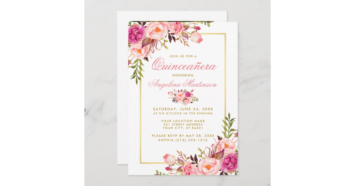 Elegant Watercolor Pink Spanish Quinceañera Quince Invitation