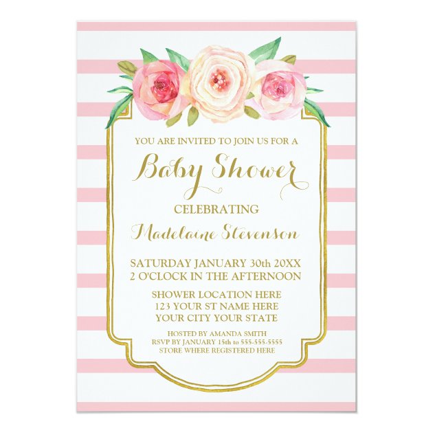 Pink Watercolor Floral Rose Stripes Baby Shower Invitation