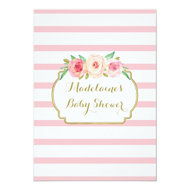 Pink Watercolor Floral Rose Stripes Baby Shower Invitation