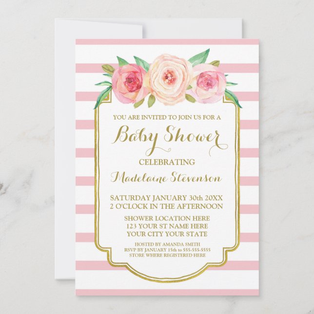 Pink Watercolor Floral Rose Stripes Baby Shower Invitation (Back)