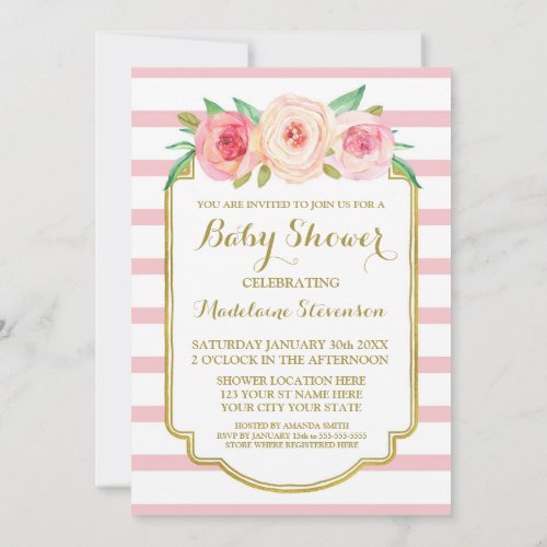 Pink Watercolor Floral Rose Stripes Baby Shower Invitation