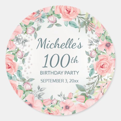 Pink Watercolor Floral Roses 100th Birthday Classic Round Sticker