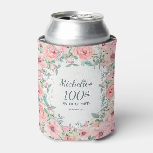 Pink Watercolor Floral Roses 100th Birthday Name Can Cooler