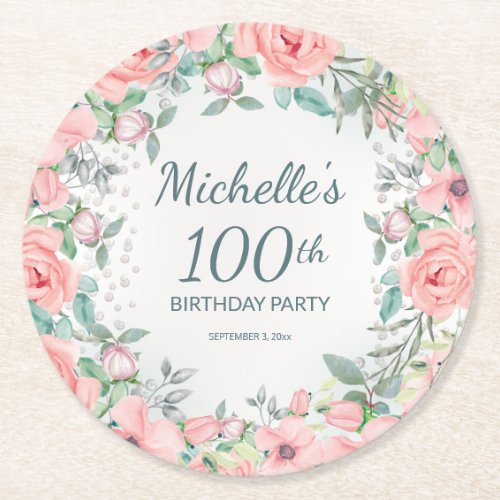 Pink Watercolor Floral Roses 100th Birthday Name  Round Paper Coaster