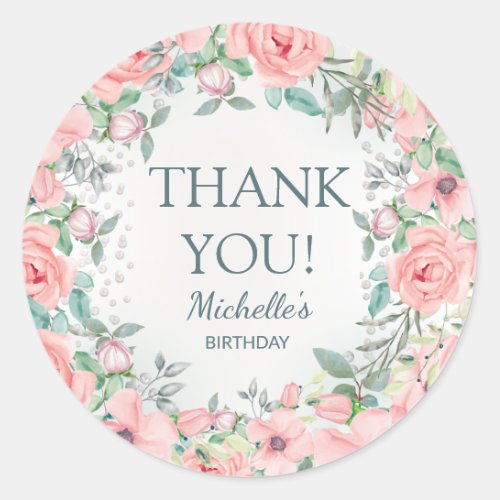 Pink Watercolor Floral Roses Birthday Thank You Classic Round Sticker