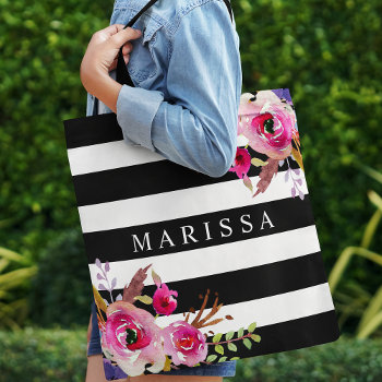 Pink Watercolor Floral Roses Black White Stripe Tote Bag by girlygirlgraphics at Zazzle