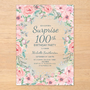 Pink Watercolor Floral Roses Pearls 100th Birthday Acrylic Invitations