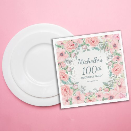 Pink Watercolor Floral Roses Pearls 100th Birthday Napkins