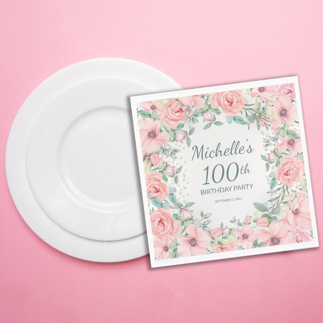 Pink Watercolor Floral Roses Pearls 100th Birthday Napkins (Blush pink floral 100th birthday party paper napkins customized with your text.)