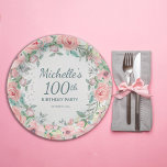 Pink Watercolor Floral Roses Pearls 100th Birthday Paper Plates<br><div class="desc">Pretty 100th birthday party custom birthday party paper plates designed with elegant blush pink watercolor floral, greenery, and pearls. Personalized with the name of the guest of honor and her party date. Text is fully customizable, so design these plates for anyone of any age. Contact me for assistance with your...</div>