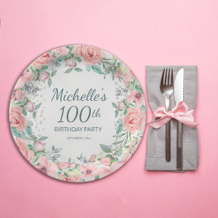 Pink Watercolor Floral Roses Pearls 100th Birthday Paper Plates