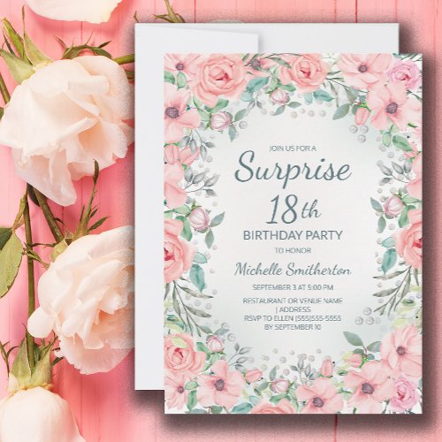 Pink Watercolor Floral Roses Pearls 18th Birthday
