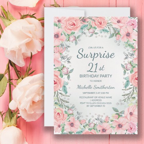 Pink Watercolor Floral Roses Pearls 21st Birthday