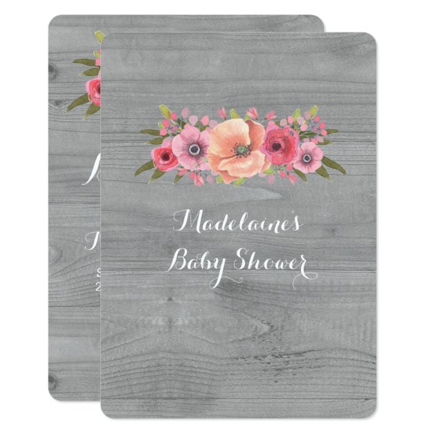 Pink Watercolor Floral Rustic Wood Baby Shower Invitation