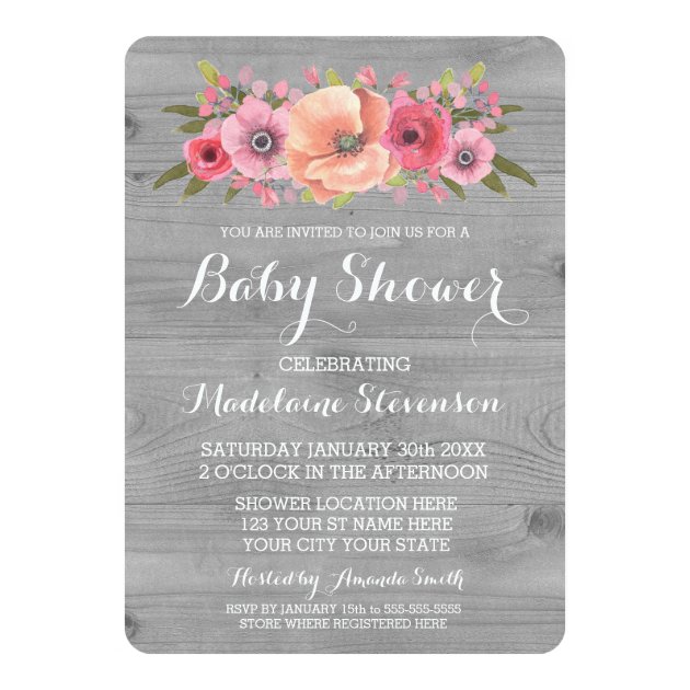 Pink Watercolor Floral Rustic Wood Baby Shower Invitation