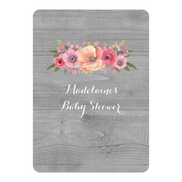 Pink Watercolor Floral Rustic Wood Baby Shower Invitation