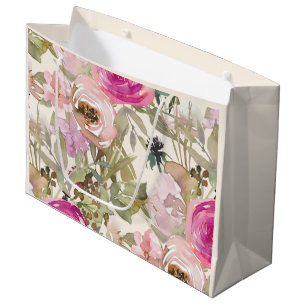 Pink Watercolor Floral Sage Green Leaves Cream  Large Gift Bag