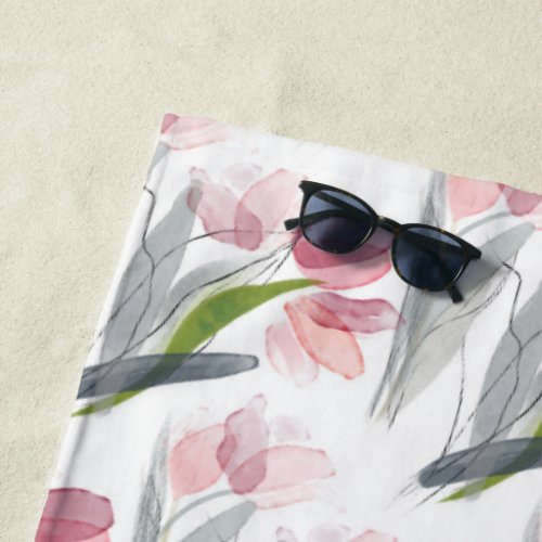 Pink Watercolor Floral Sage Green Leaves White Beach Towel