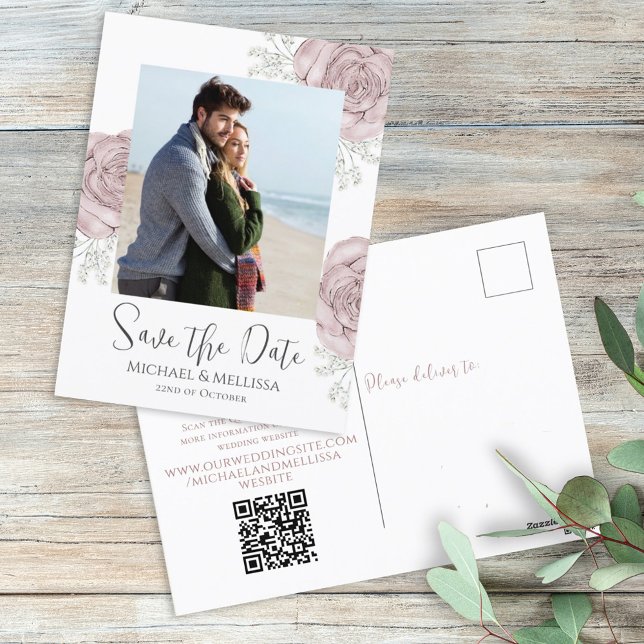 Pink Watercolor Floral Save the Date Photo Wedding Postcard (Creator Uploaded)