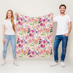 Pink Watercolor Floral Shabby Chic Pattern Fleece Blanket