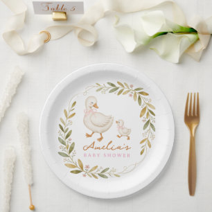 Pink Watercolor Floral silly goose Baby Shower Paper Plates