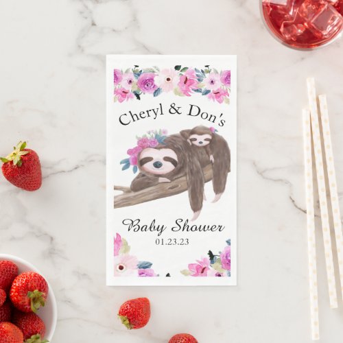 Pink Watercolor Floral Sloth Baby Shower Paper Guest Towels