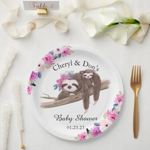 Pink Watercolor Floral Sloth Baby Shower Paper Plates