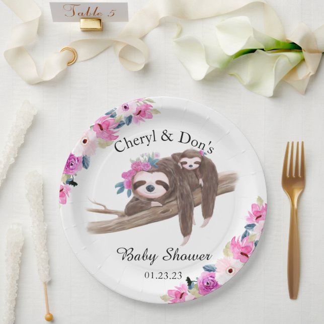 Pink Watercolor Floral Sloth Baby Shower Paper Plates (Wedding)