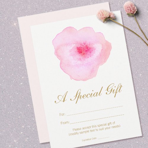 Pink Watercolor Floral Spa Salon Gift Certificate