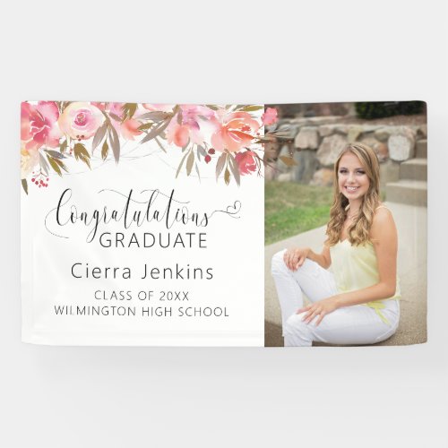 Pink Watercolor Floral String Light Graduation Banner