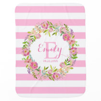 Pink Watercolor Floral Stripes Girl Nursery Baby Blanket Pink Watercolor Floral Stripes Girl Nursery Baby Blanket