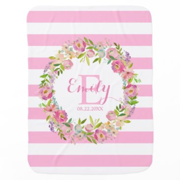 Pink Watercolor Floral Stripes Girl Nursery Baby Blanket