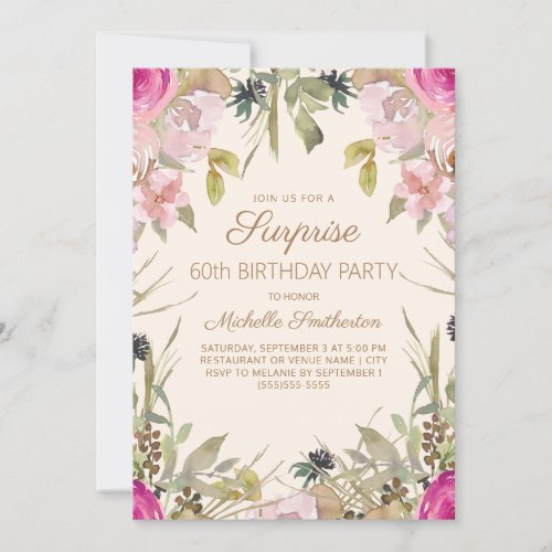 Pink Watercolor Floral Surprise 60th Birthday Invitation