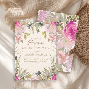 Pink Watercolor Floral Surprise 60th Birthday Invitation