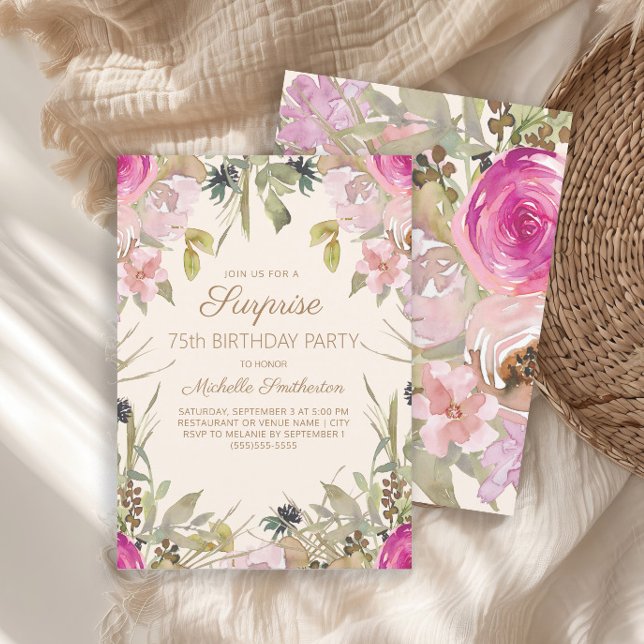 Pink Watercolor Floral Surprise 75th Birthday Invitation (Pink floral and sage green leaves surprise 75th birthday party invitation)