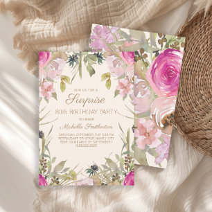 Pink Watercolor Floral Surprise 80th Birthday Invitation